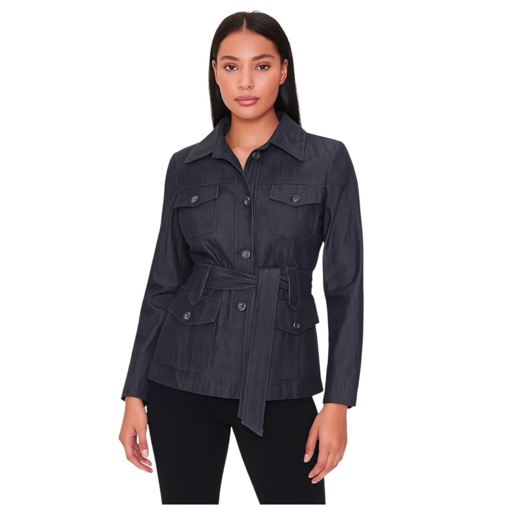 Sandro Paris Belted Stretch Dark Denim Jacket L Business Casual French Design